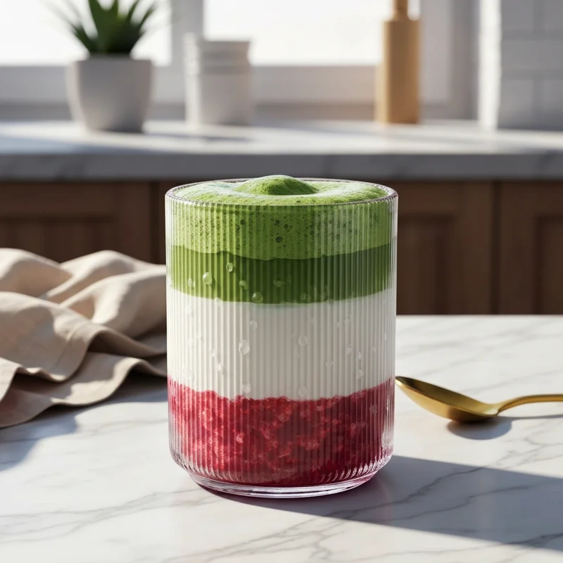A perfectly layered strawberry matcha latte with pink strawberry puree and green ceremonial matcha in a stylish glass.