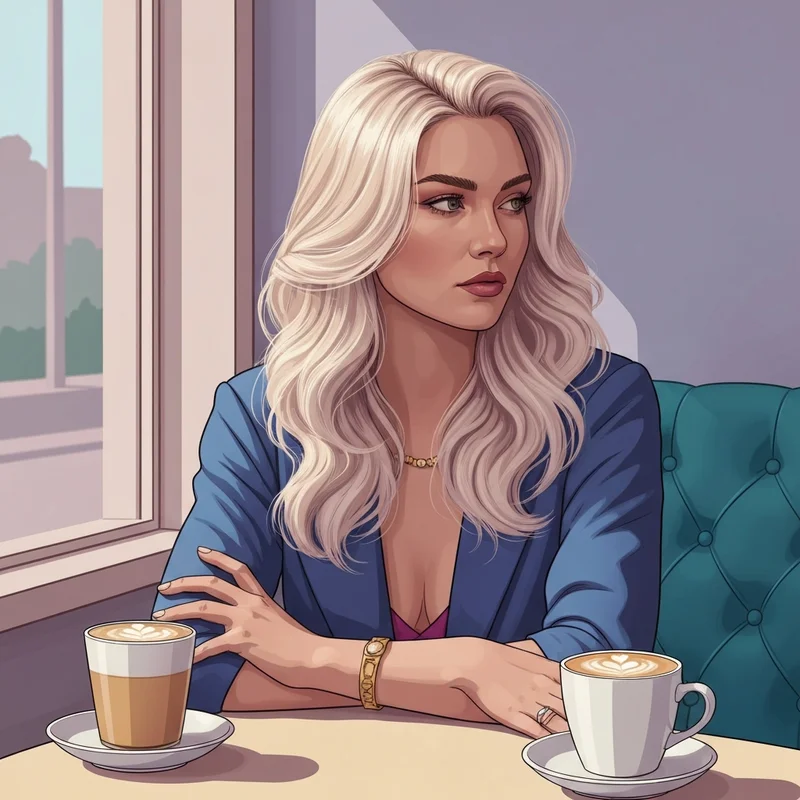 A woman with perfect creamy milk tea hair styled in soft waves at a minimalist cafe.