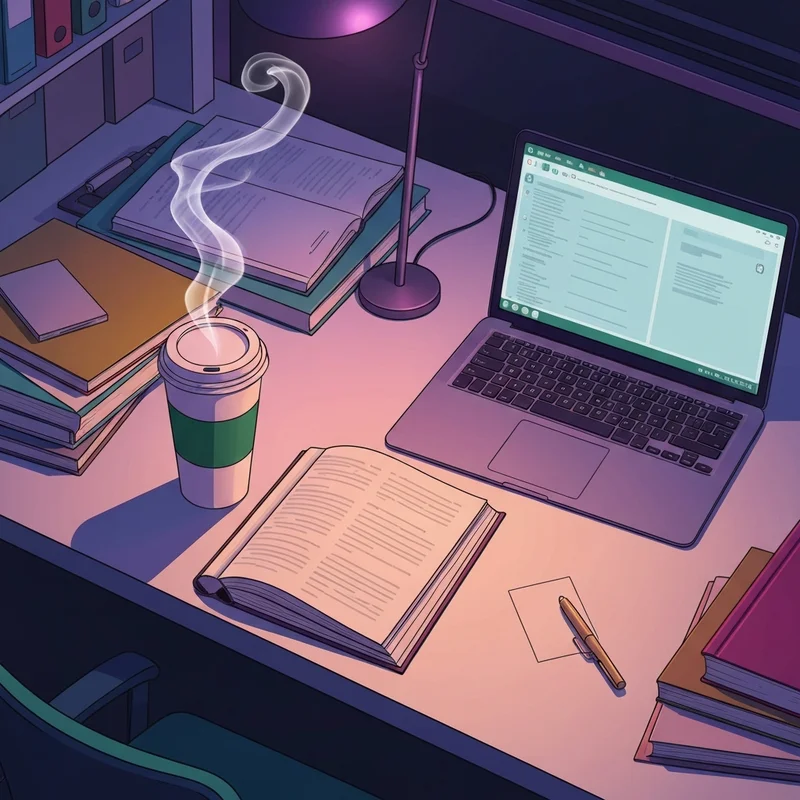 A student desk at night featuring the most caffeinated drink from Starbucks to fuel a late-night study session.