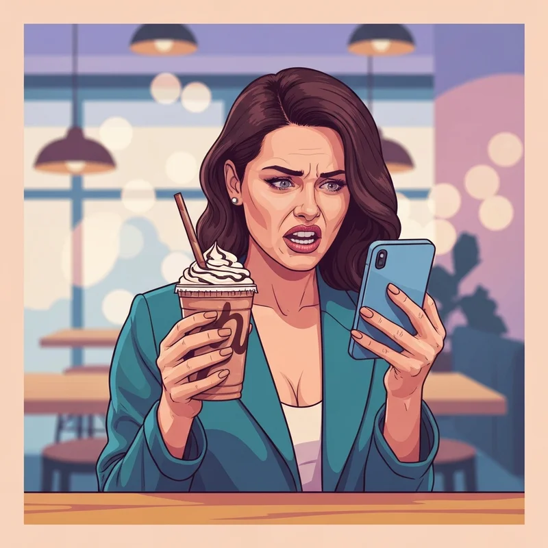 A young woman holding a starbucks double chocolate chip frap while looking at her phone.