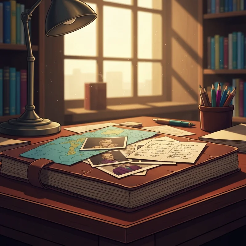 A collection of screen-accurate grail diary inserts tucked into a weathered leather journal on a mahogany desk.