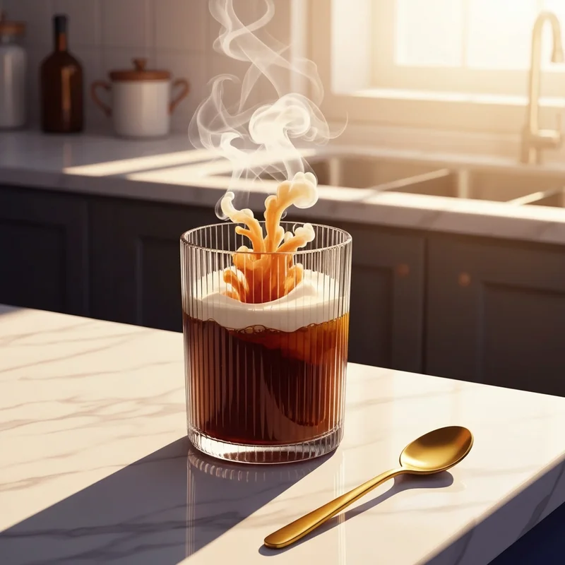 A perfectly layered assam milk tea in a glass on a marble counter.