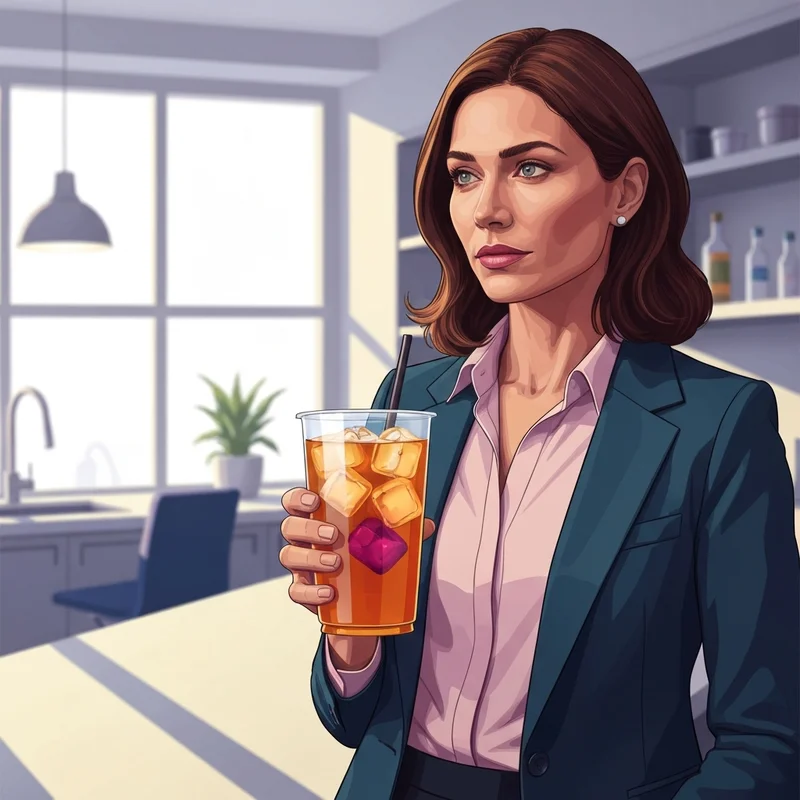 A stylish professional holding a custom dunkin tea with fruit accents in a sunlit office setting.