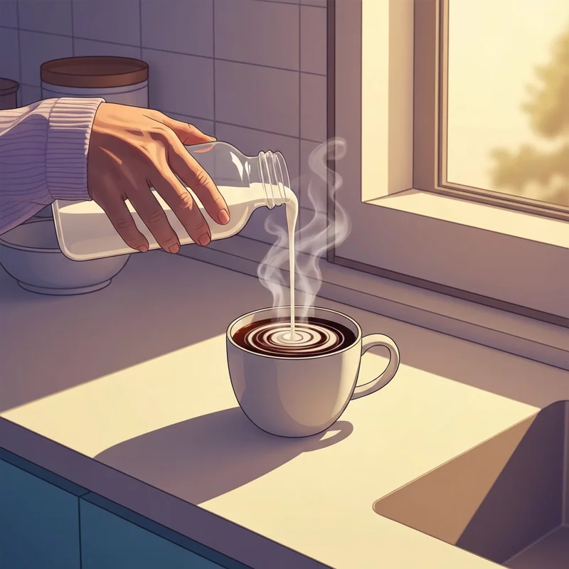 A person pouring smooth dunkin creamer into a hot cup of coffee in a bright morning kitchen.