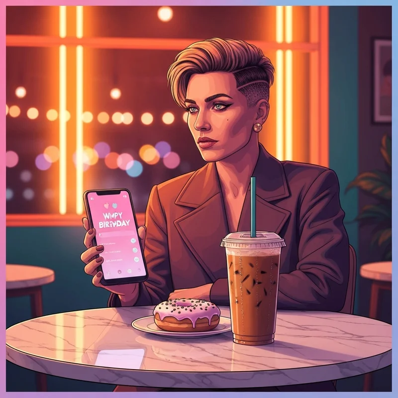 A young woman celebrating her birthday with a coffee and donut while checking her dunkin donuts birthday rewards on her phone.