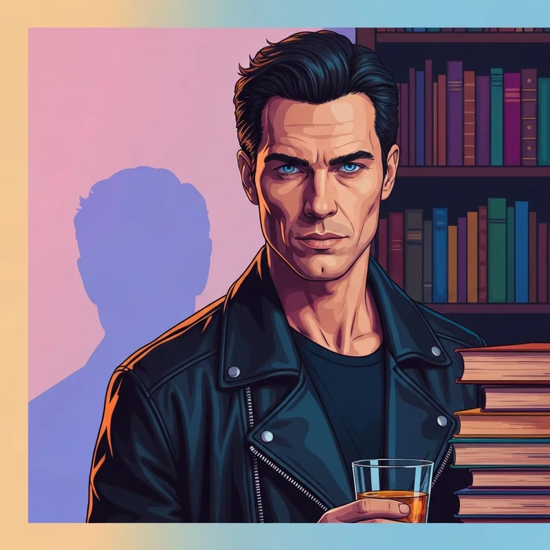 Portrait intense de Damon dans Vampire Diaries dans une bibliothèque sombre.