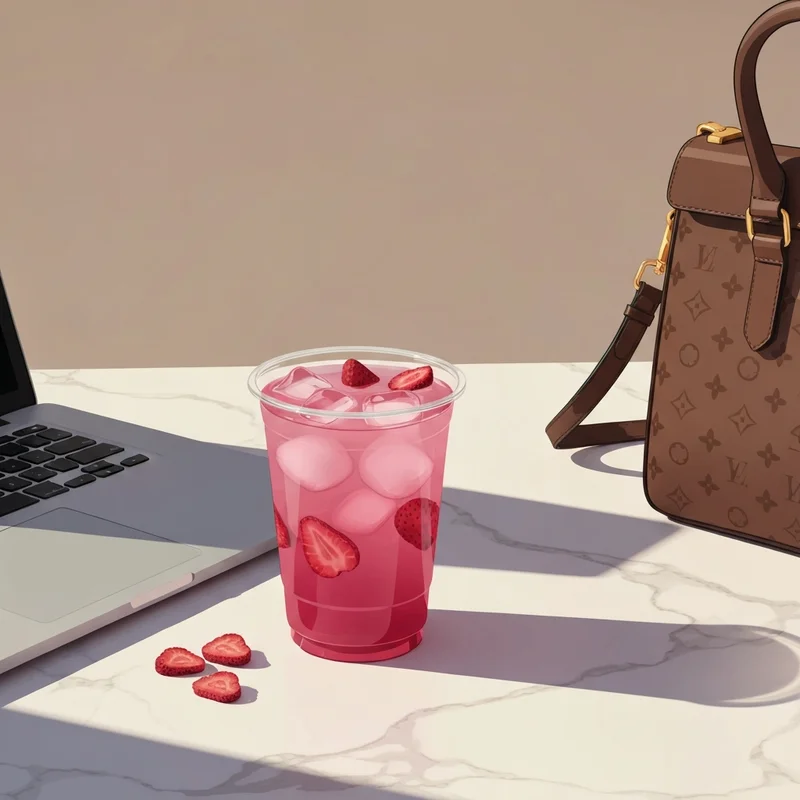 A vibrant pink Starbucks drink on a desk, illustrating why do starbucks refreshers have caffeine for the aesthetic achiever.