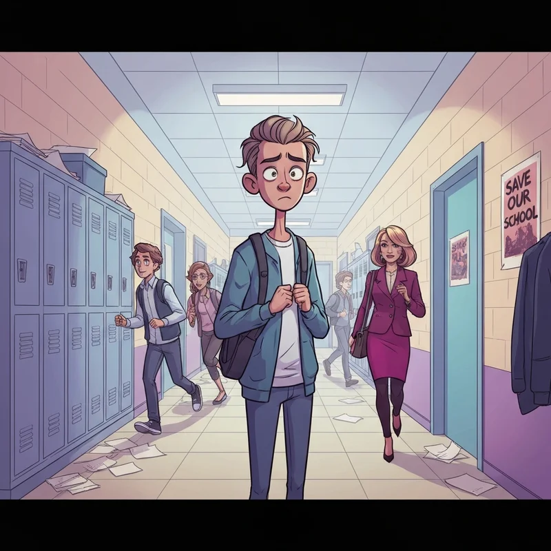 A stylized depiction of the protagonist from the diary of a wimpy kid no brainer pdf searching for ways to save his school.