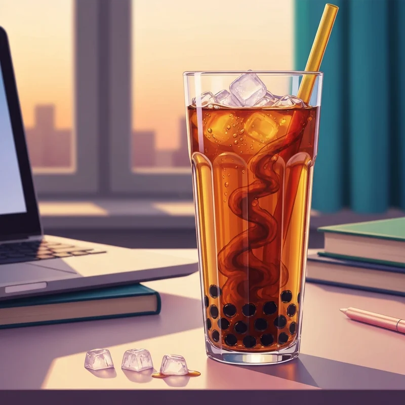 A perfectly layered black milk tea boba with brown sugar syrup and chewy tapioca pearls in a home-cafe setting.