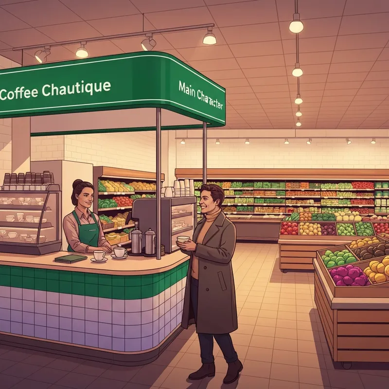 A woman enjoying a coffee from the starbucks albertsons kiosk while grocery shopping.
