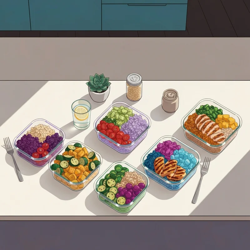 A series of glass containers containing easy lunch prep meals on a sunlit kitchen counter.