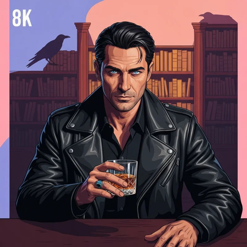 Cinematic portrait of the iconic damon vampire diaries character archetype in a moody library setting.