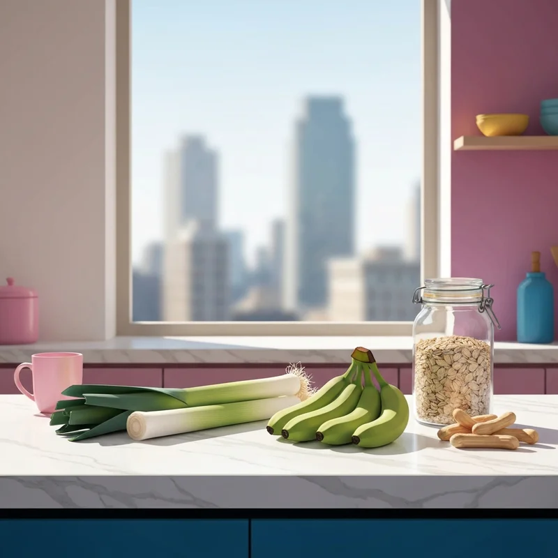 A collection of fresh prebiotic foods for gut health arranged on a clean marble countertop in a bright modern kitchen.