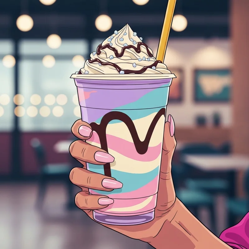 A colorful and perfectly layered starbucks secret menu frappuccino being held in a modern cafe setting.