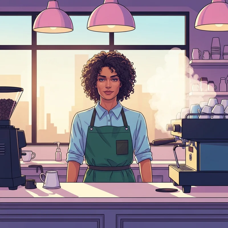 A confident barista working at a cafe while considering the starbucks starting pay for their new career path.