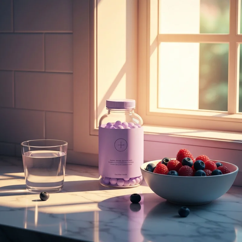 A minimalist setup of supplements for gut health on a clean marble surface with natural morning light.