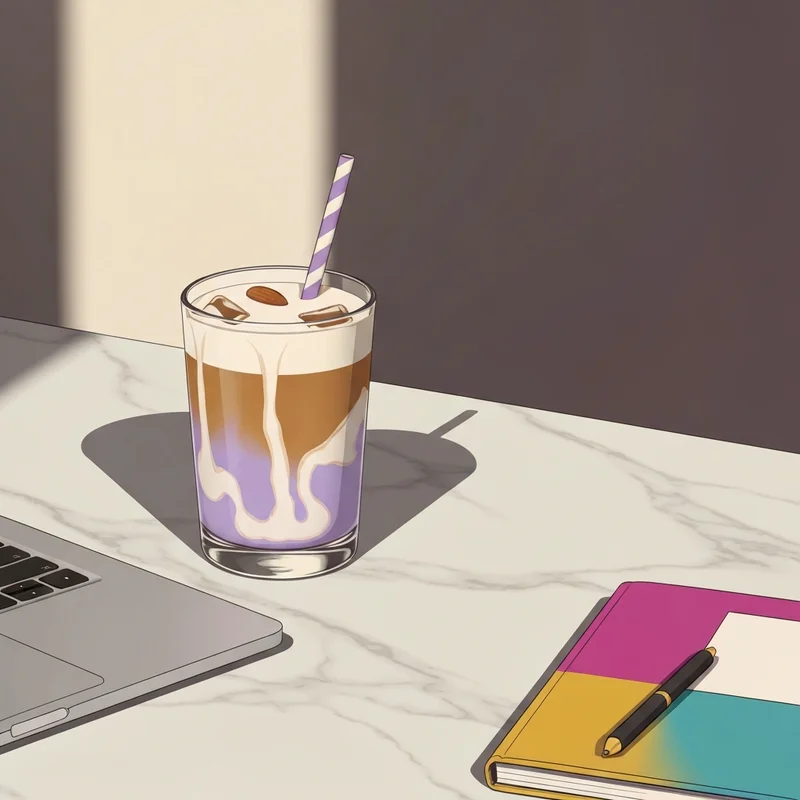 A close-up of a refreshing iced coffee showing the starbucks almond milk nutrition profile through its creamy texture on a professional desk.