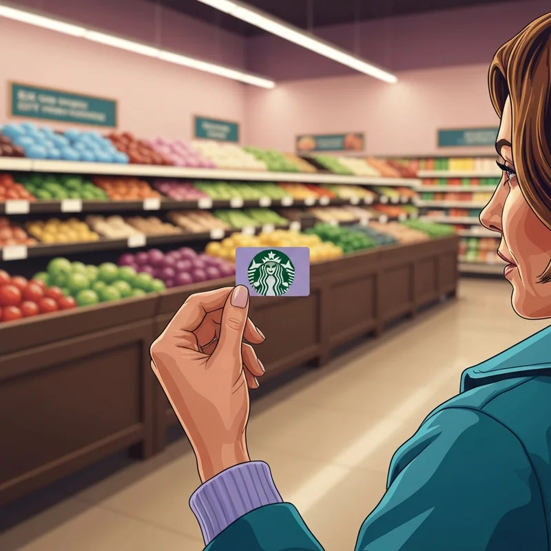 A woman holding a starbucks gift card kroger purchase in a grocery store aisle.