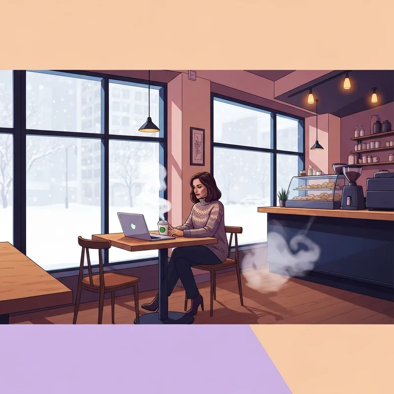 A cozy interior of a starbucks fargo location during a North Dakota winter, showing a person working on a laptop with a coffee.