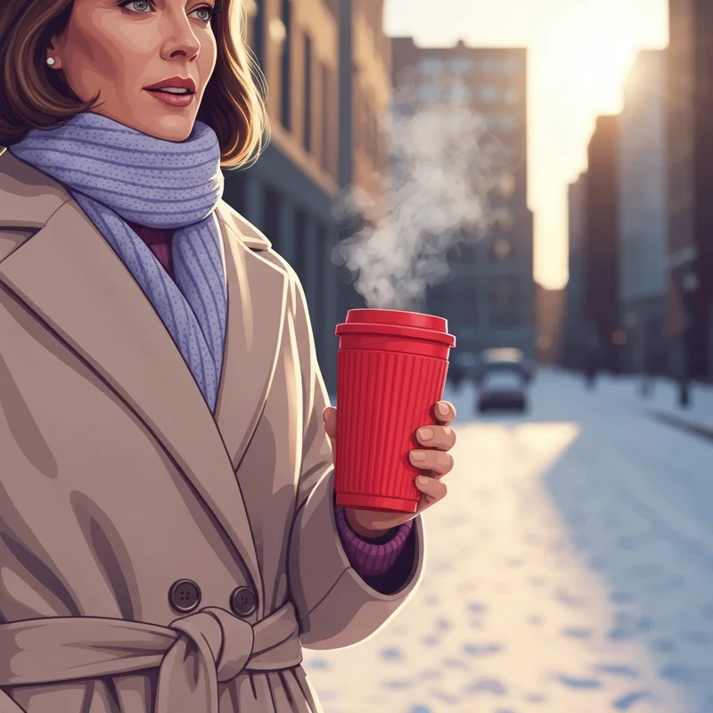 Woman holding a red cup on when is Starbucks Red Cup Day 2024 in a snowy city