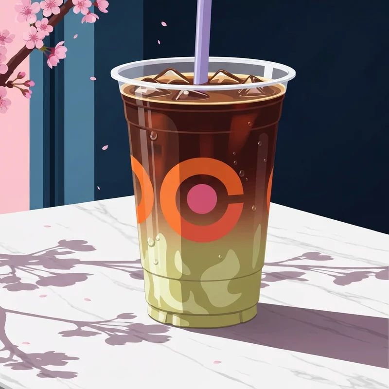 A close-up aesthetic shot of a Dunkin Pistachio Coffee iced drink with creamy green swirls on a marble table in spring sunlight.