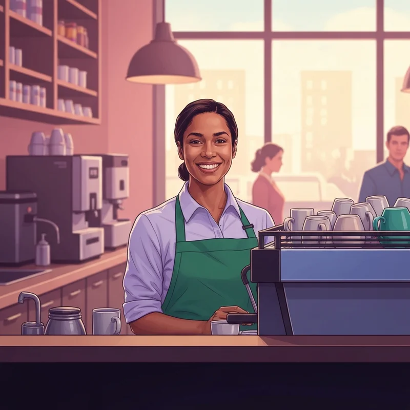 A young barista wearing a green apron preparing a drink, answering how old do you have to be to work at starbucks.