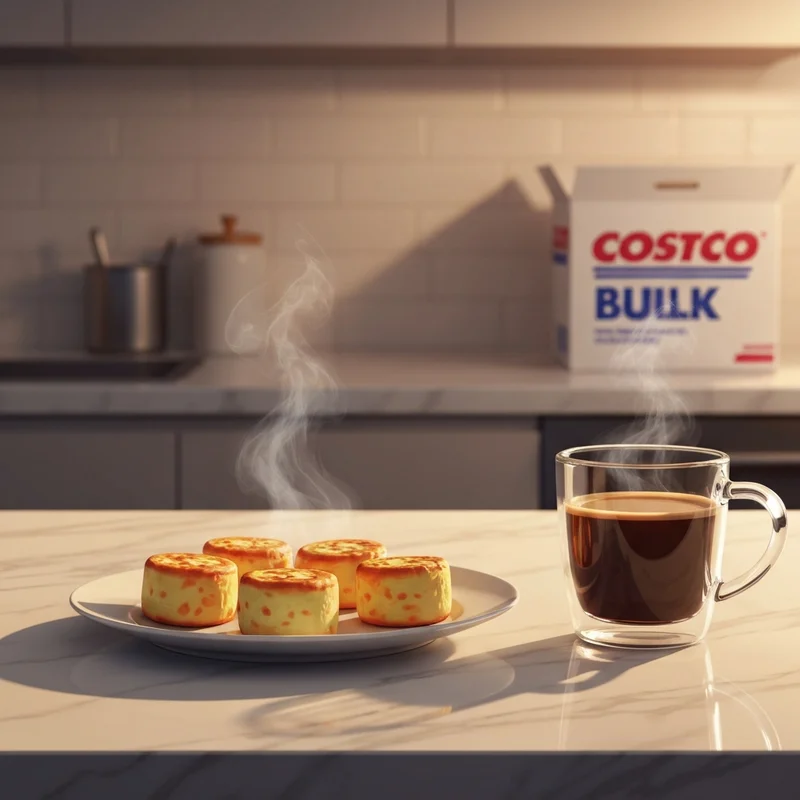 A plate of perfectly reheated starbucks egg bites costco style on a marble kitchen counter during a sunny morning.