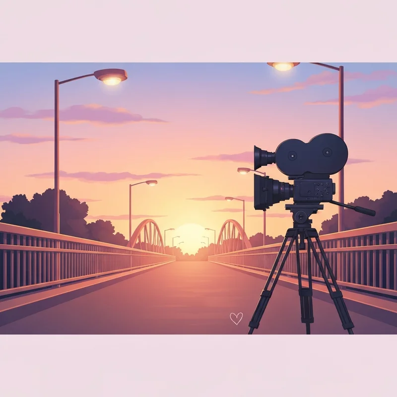 A film camera and slate on a bridge at sunset in honor of sarah jones from the vampire diaries