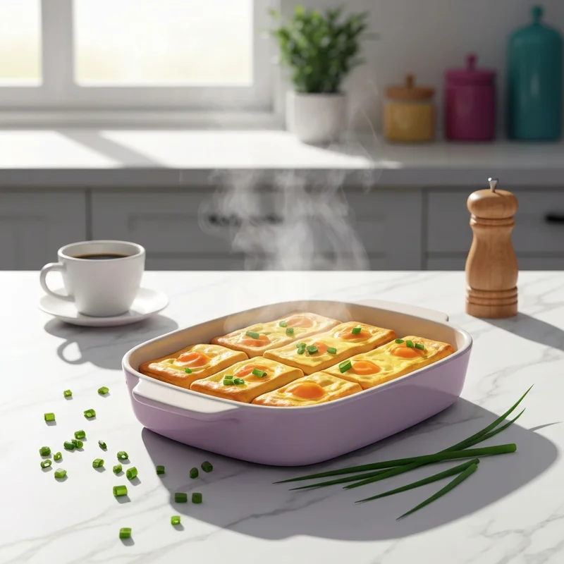 A close up of a homemade starbucks potato chive bake recipe result with golden potatoes and green chives.