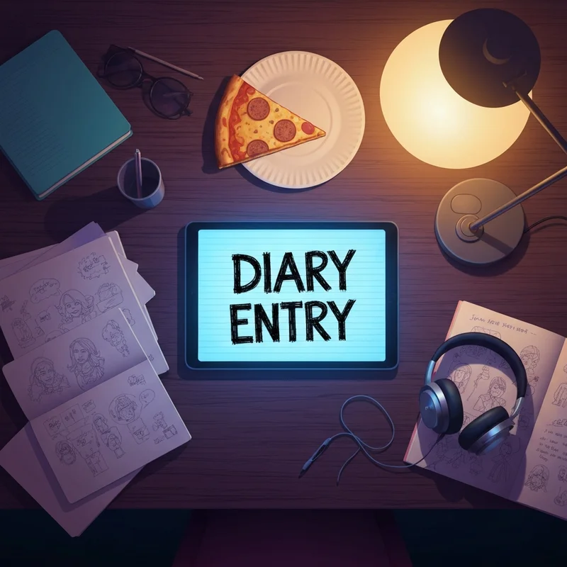 A digital tablet showing text written in the Diary of a Wimpy Kid font on a messy desk.