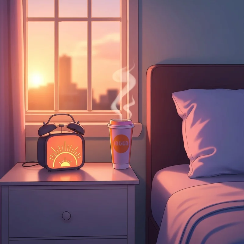 A peaceful morning scene featuring a sunrise alarm clock and coffee, highlighting the Dunkin National Coffee Day Hatch collaboration experience.