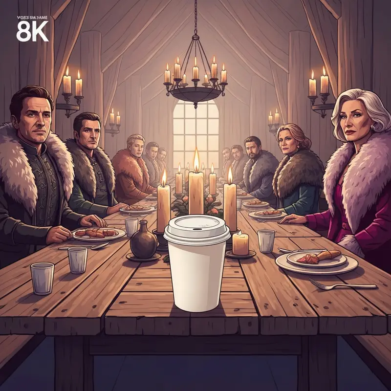 A cinematic shot of a medieval banquet scene featuring the starbucks cup game of thrones gaffe.