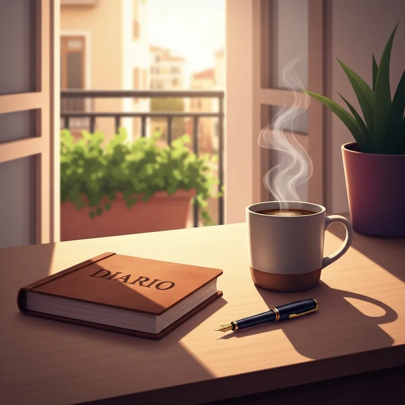 A beautiful leather-bound diary in spanish sits on a sun-drenched wooden desk next to a cup of coffee.