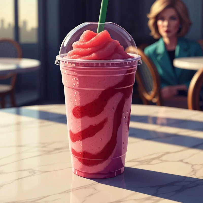 A vibrant and refreshing starbucks strawberry blended lemonade with condensation on the cup.
