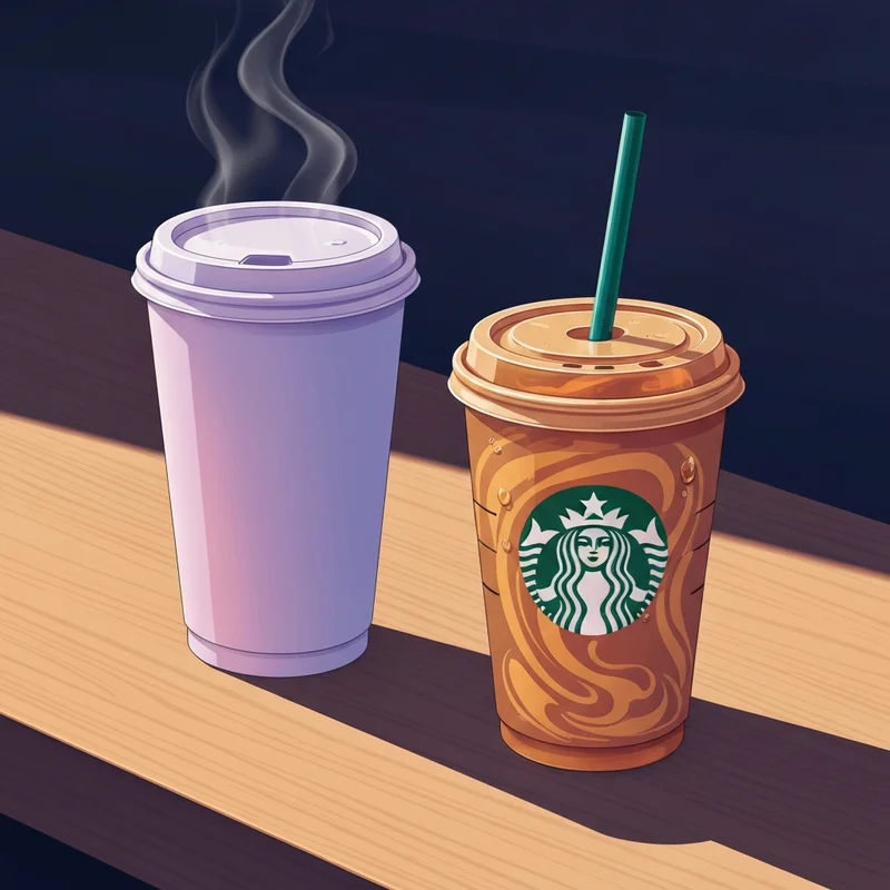 Two Starbucks cups showing how big is a venti at starbucks in hot and cold versions on a cafe table.