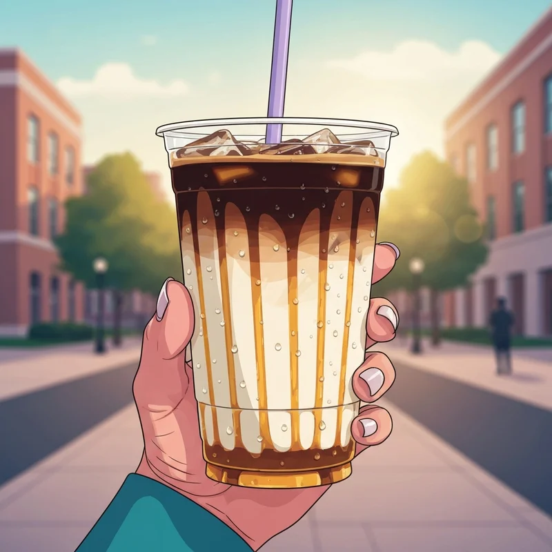 A perfectly layered iced macchiato dunkin with caramel swirls and espresso top layer in a sunny urban setting.