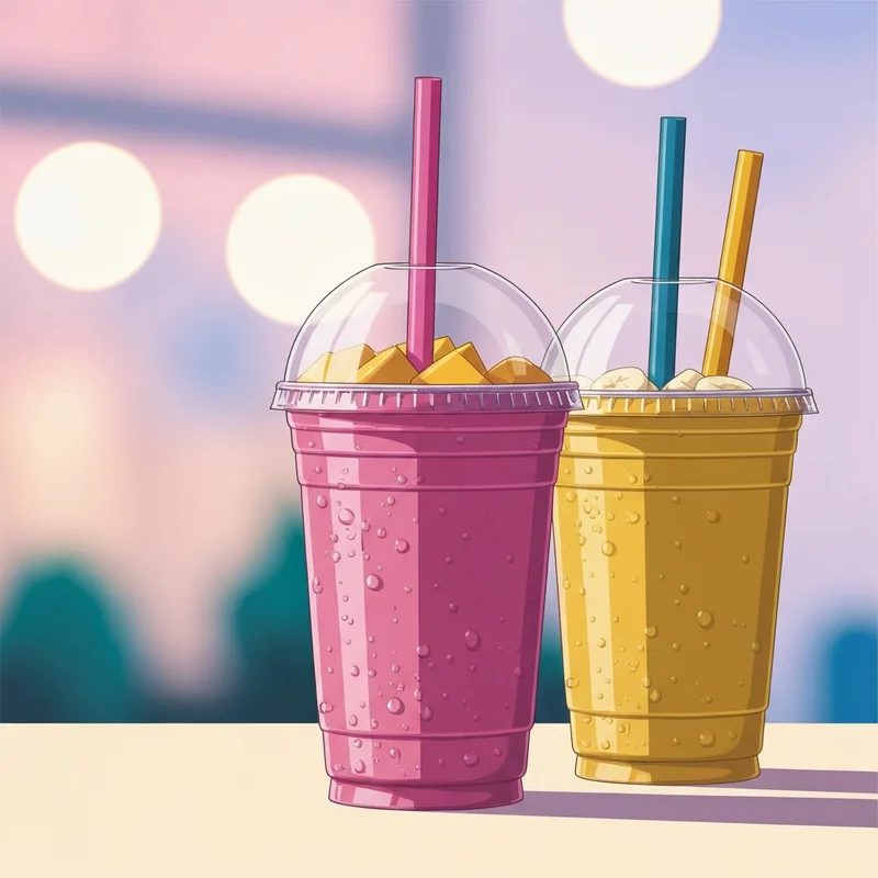 Two colorful cups of dunkin donuts fruit smoothie on a wooden table with aesthetic lighting.