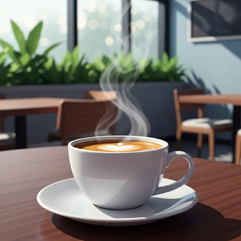 A steaming cup of starbucks decaf espresso on a wooden table in a peaceful cafe setting.