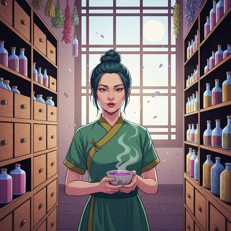 An artistic representation of Maomao from The Apothecary Diaries, focusing on her age and role as a teenage apothecary.