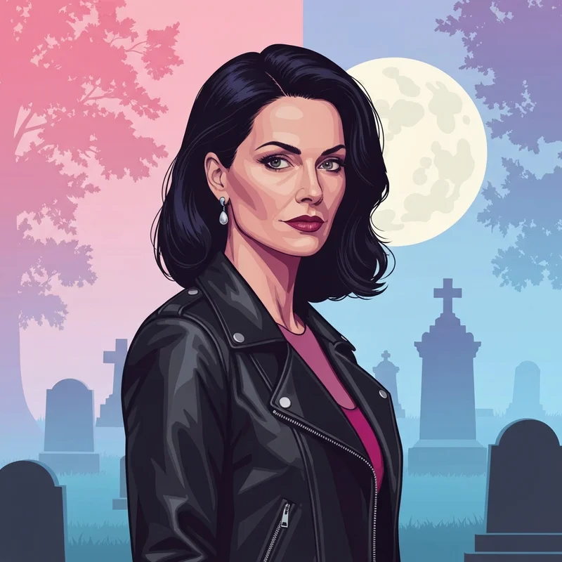 A cinematic depiction of isabelle from vampire diaries standing in a misty cemetery