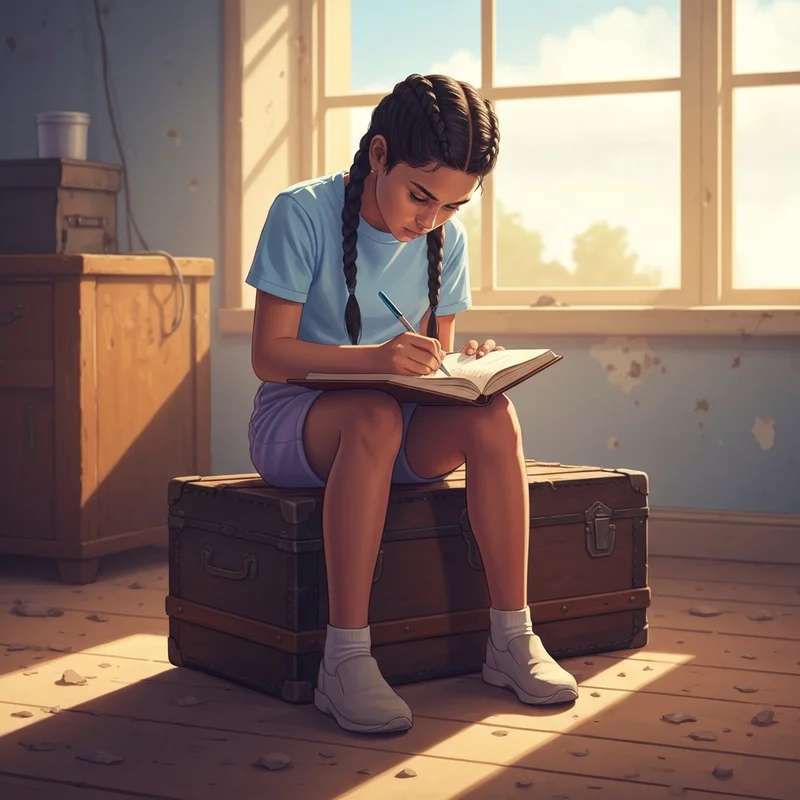 A young woman sitting by a window and writing in The Night Diary, reflecting on her identity.