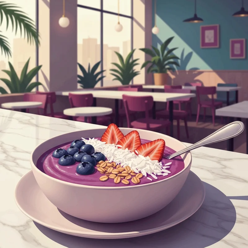 A visually stunning tropical smoothie acai bowl with fresh fruit and granola toppings on a marble table.