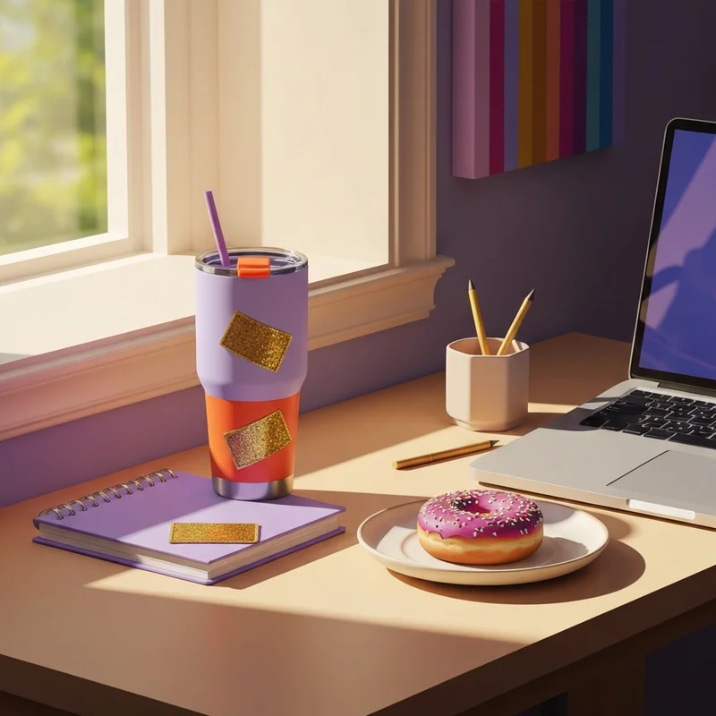 A stylish desk setup featuring the limited edition stoney clover dunkin tumbler and custom patches.