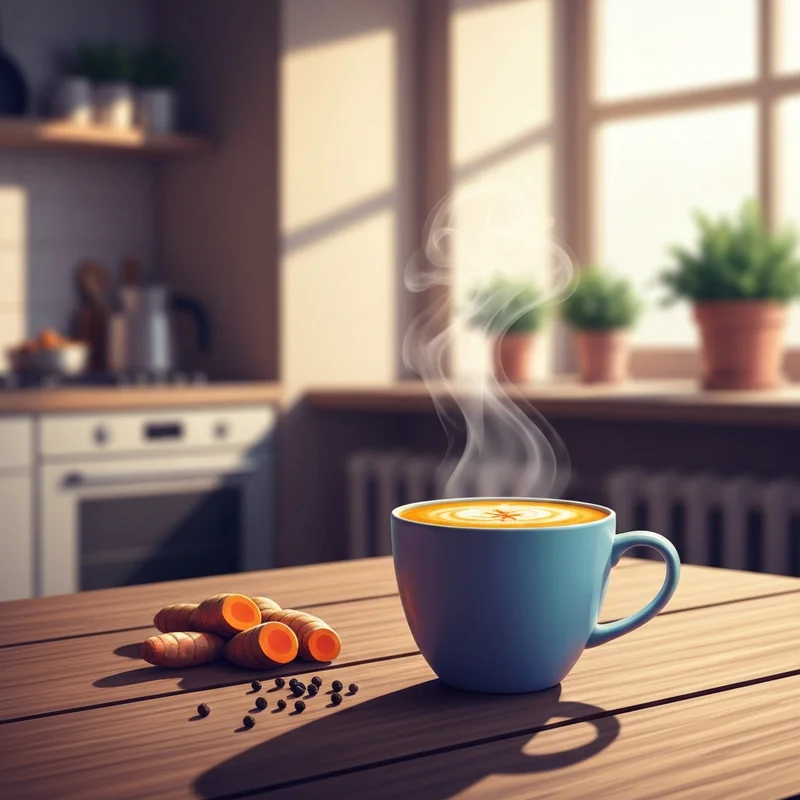 A steaming mug of golden milk tea on a wooden table during golden hour.