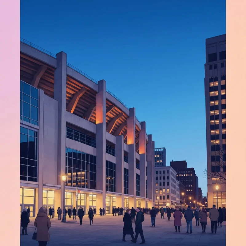 The iconic exterior of the Dunkin Donuts Providence Civic Center at night with fans entering for a game.