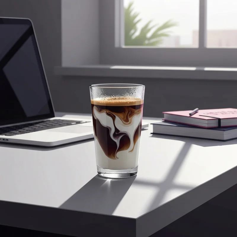 A perfectly crafted starbucks double shot style iced shaken espresso on a modern white desk representing high-performance productivity.