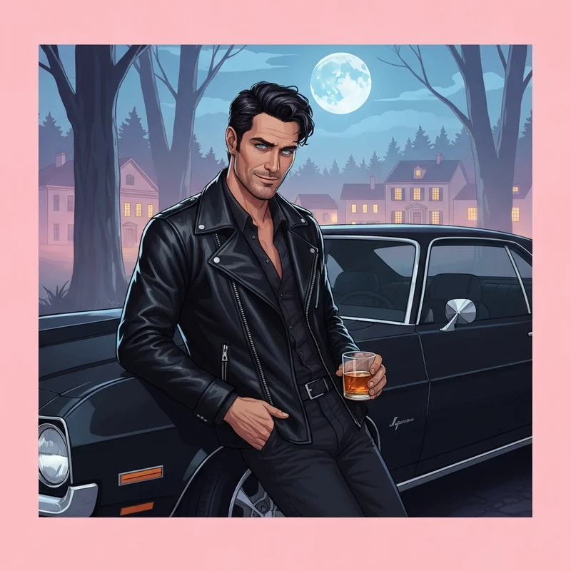 A visual representation of the vampire diaries damon archetype in a misty Mystic Falls setting.