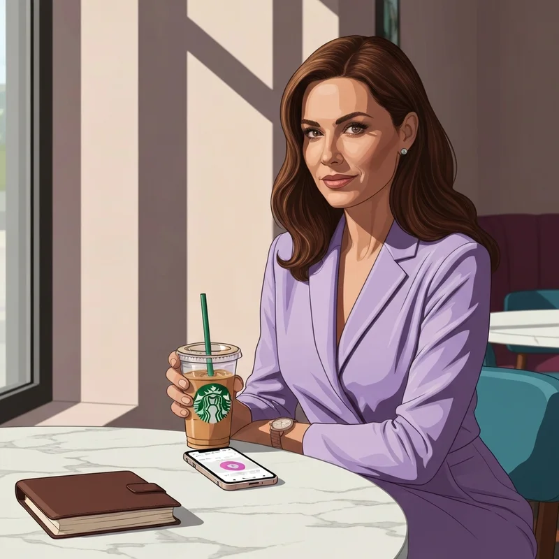 A woman tracking her drink with a starbucks calorie calculator in a chic cafe.