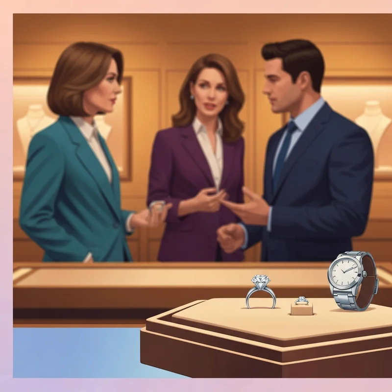 A luxury display case featuring high-end engagement rings and watches at a dunkin diamonds location.