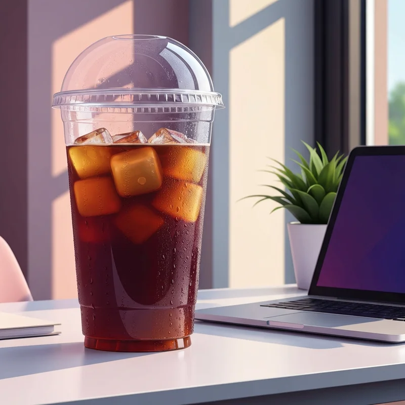 A close up of a starbucks trenta size cup filled with iced cold brew on an office desk symbolizing productivity.